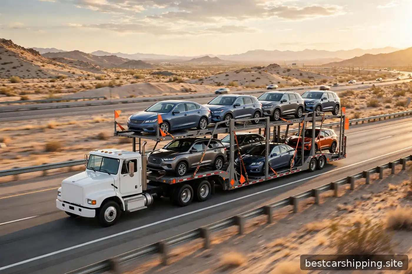 Open car carrier loaded with sedans and SUVs driving on a US interstate highway at golden hour