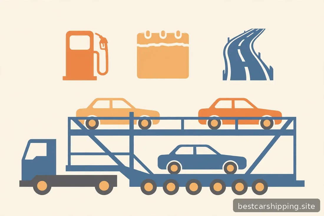 Illustration of an open car carrier with icons representing fuel, scheduling, and distance cost factors