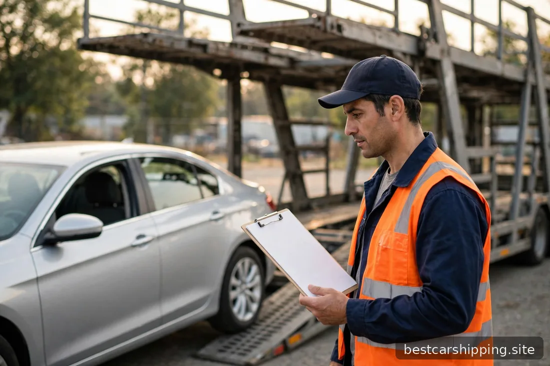 Transport driver inspecting a silver sedan with a blank clipboard beside a car carrier trailer
