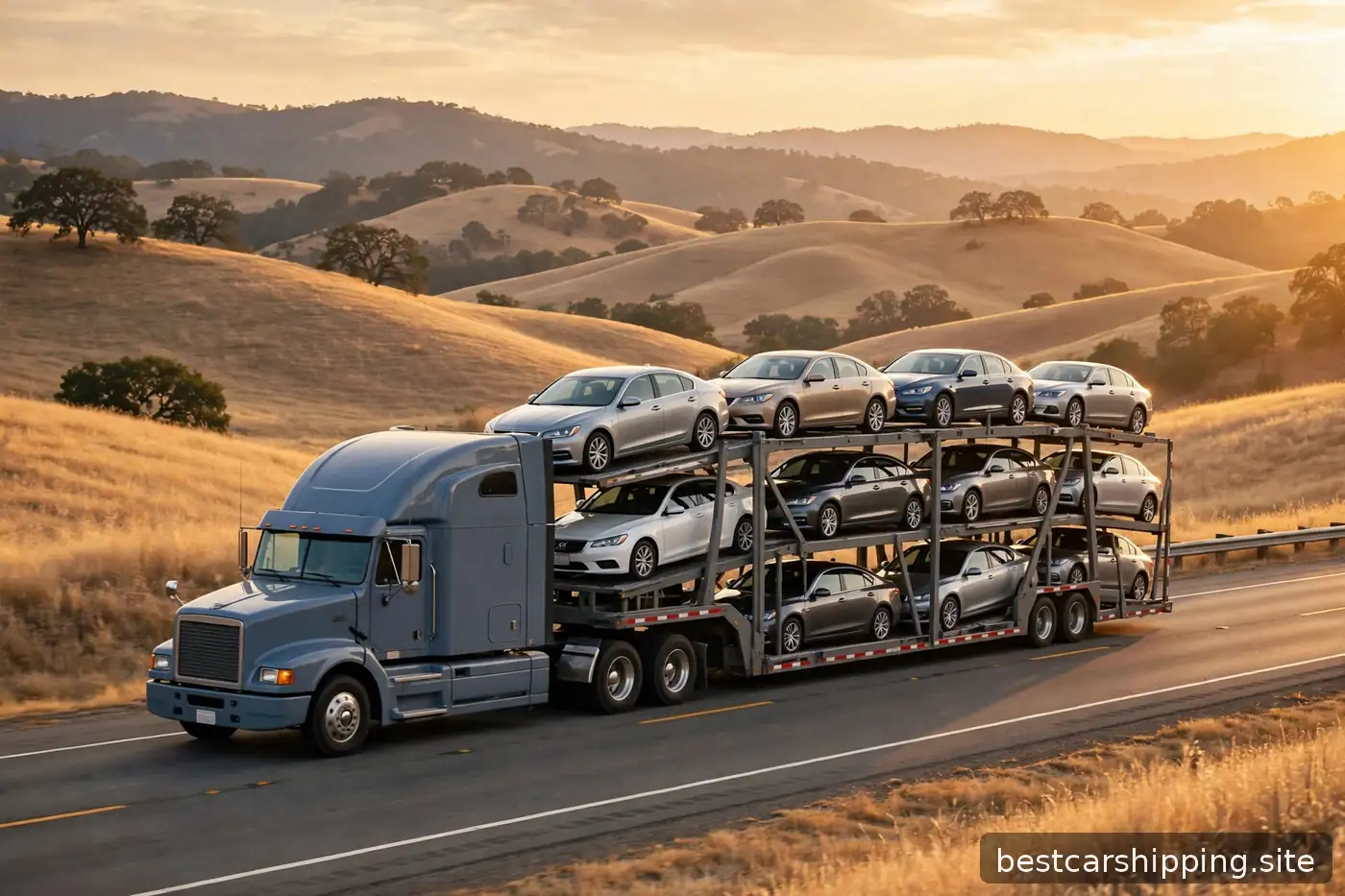 Open car carrier trailer fully loaded with sedans traveling on a US interstate through rolling hills at golden hour