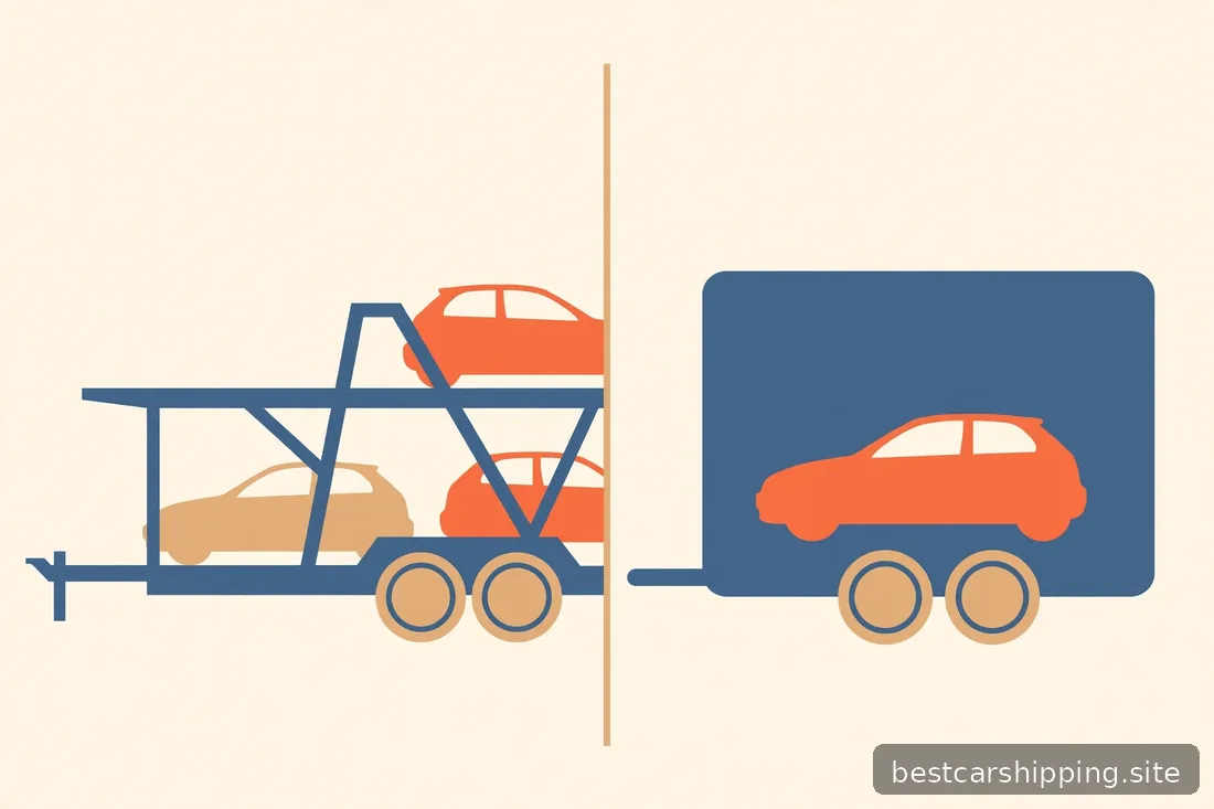 Illustration comparing an open car carrier trailer with visible cars against an enclosed box trailer