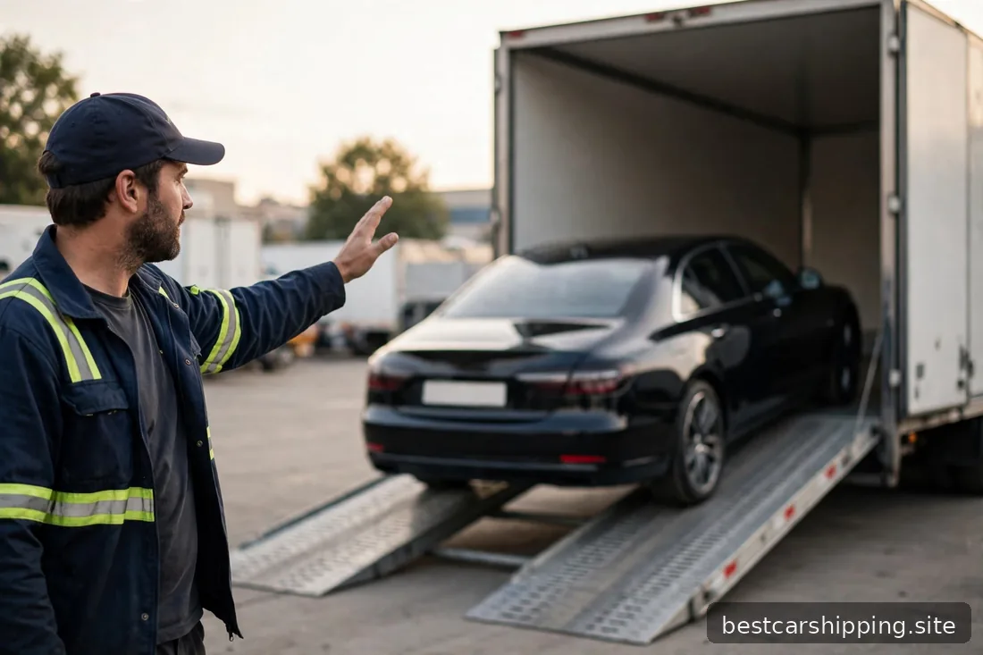 Transport driver guiding a black luxury sedan up a ramp into an enclosed trailer