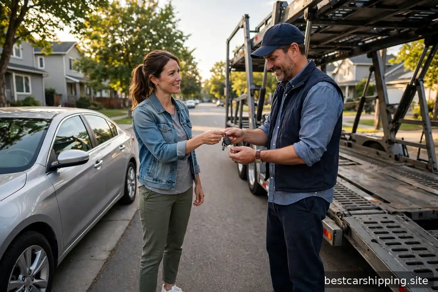 Woman handing car keys to a truck driver beside a silver sedan next to an open car carrier on a suburban street