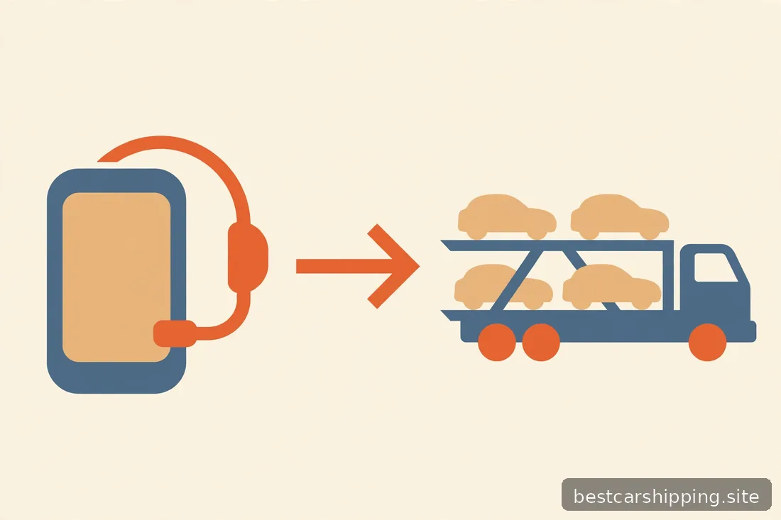 Illustration of a broker phone and headset icon with an arrow pointing to a car carrier truck icon