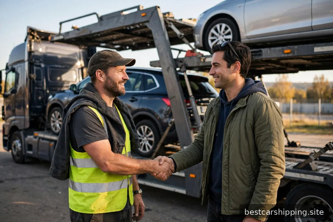 Truck driver shaking hands with a car owner next to a loaded car carrier trailer