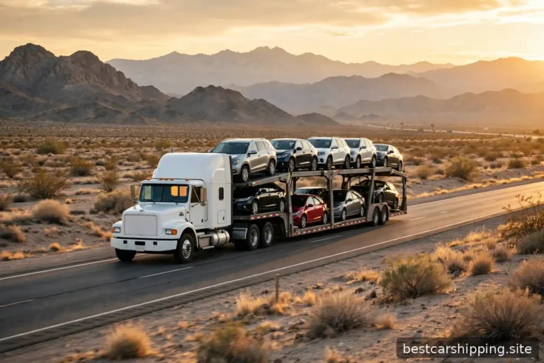 Open car carrier loaded with cars driving on a desert interstate highway at golden hour with distant mountains