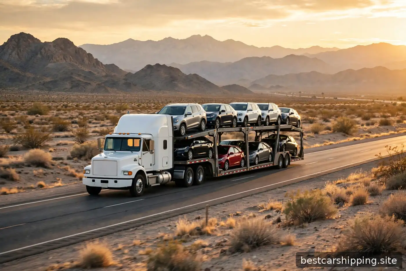 Open car carrier loaded with cars driving on a desert interstate highway at golden hour with distant mountains