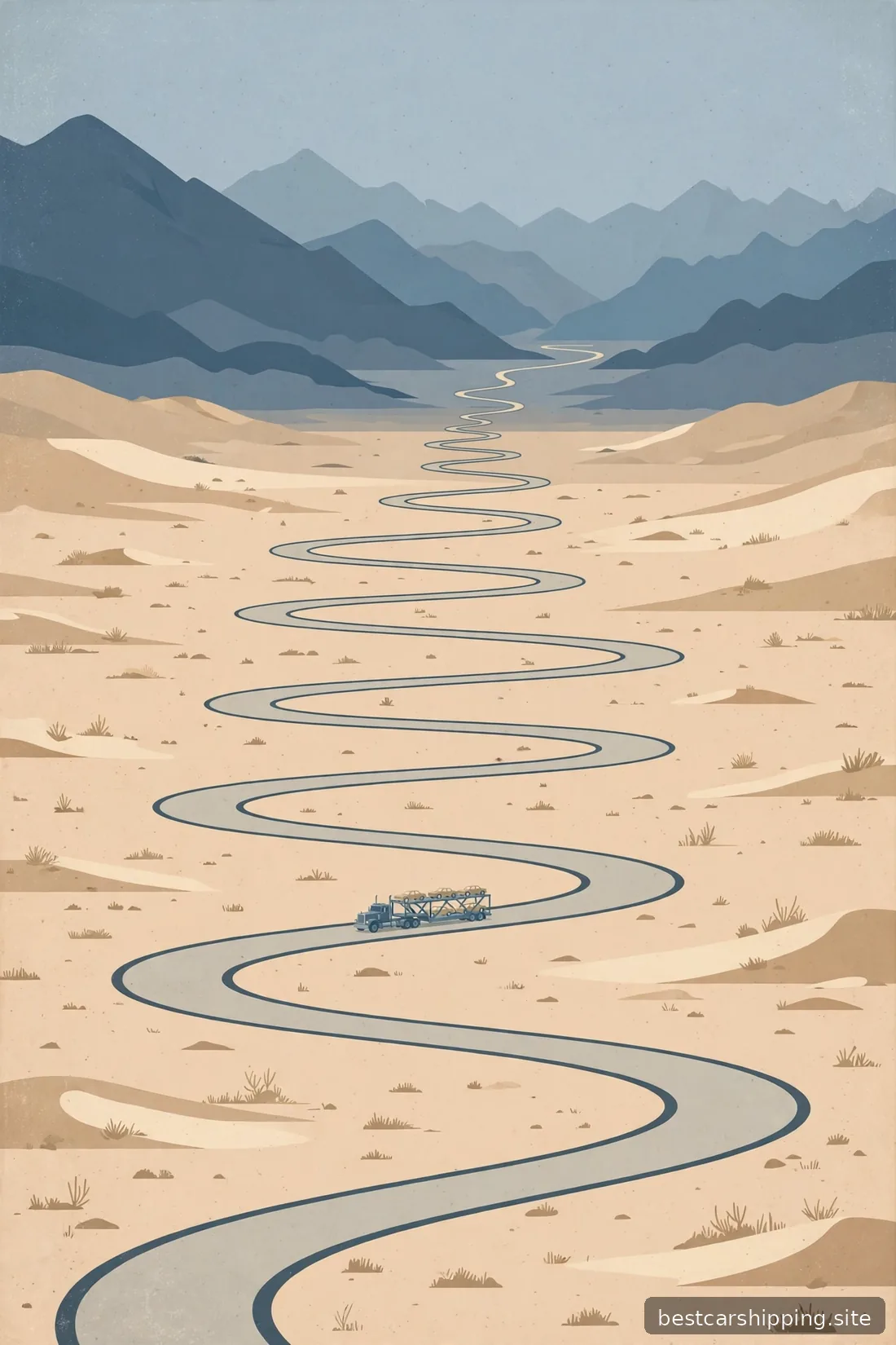 Illustration of a winding highway stretching to the horizon through desert and mountains with a small car carrier