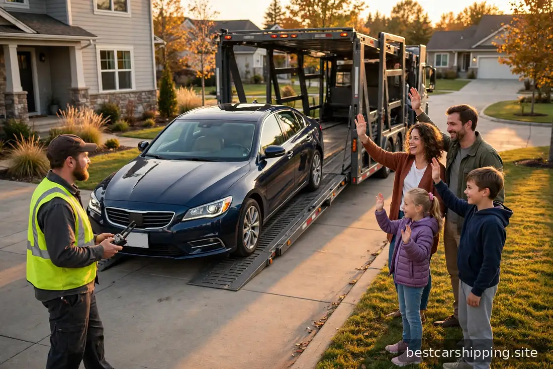 Family waving as a transport driver unloads their sedan from a car carrier in a suburban driveway at golden hour