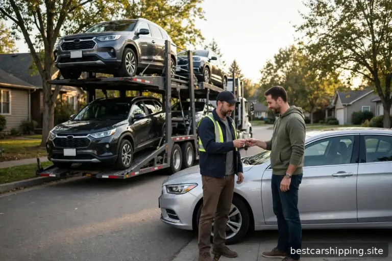 Car carrier truck on a suburban street with a driver handing car keys to a homeowner beside a silver sedan