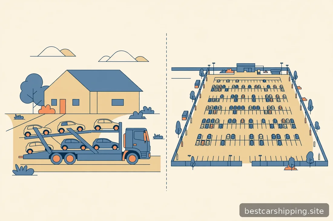 Illustration comparing a car carrier at a house driveway versus a large parking hub lot with rows of cars