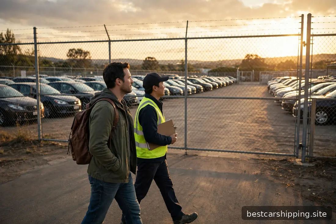 Car owner and transport driver walking toward a large fenced vehicle storage lot at golden hour