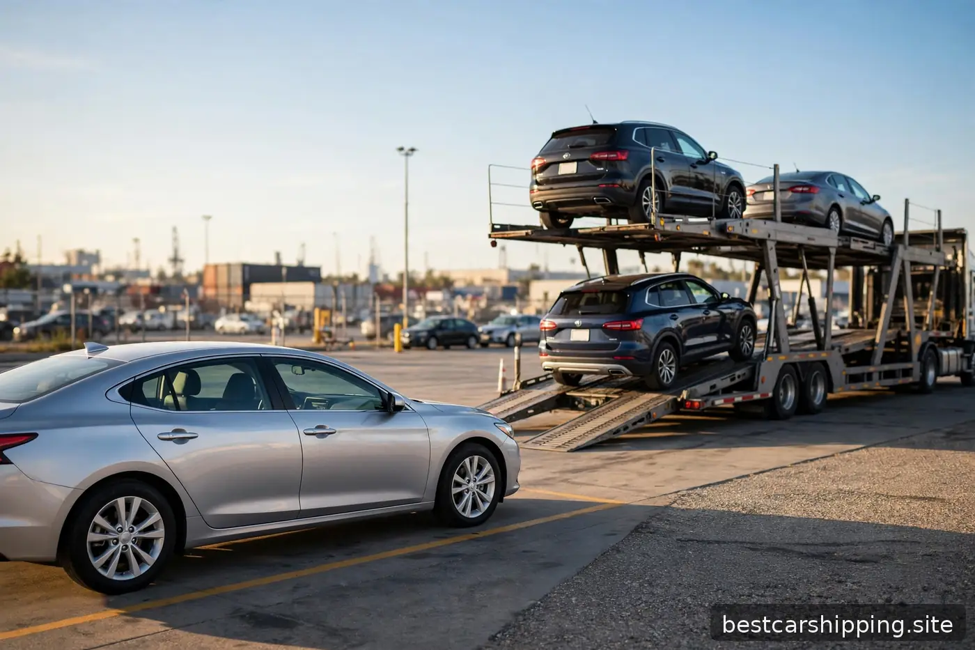 Silver sedan parked at a car carrier terminal with an open car carrier trailer being loaded in the background
