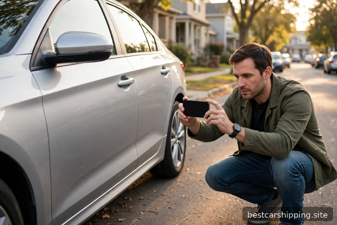 Car owner taking smartphone photos of a sedan's side panel before shipping on a residential street