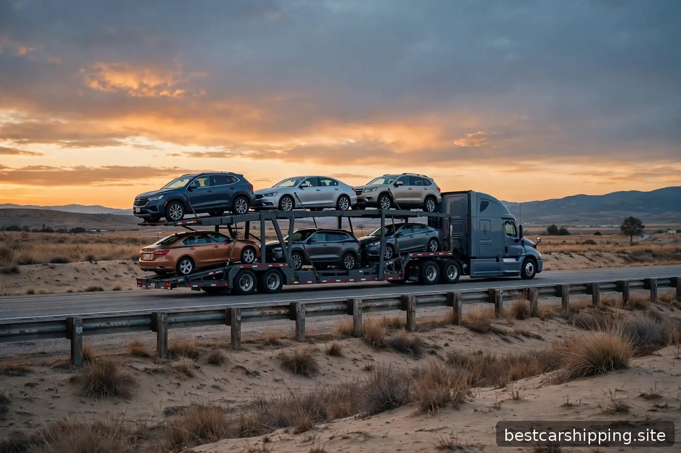 Open car carrier loaded with cars on an interstate at dusk under a warm orange sky