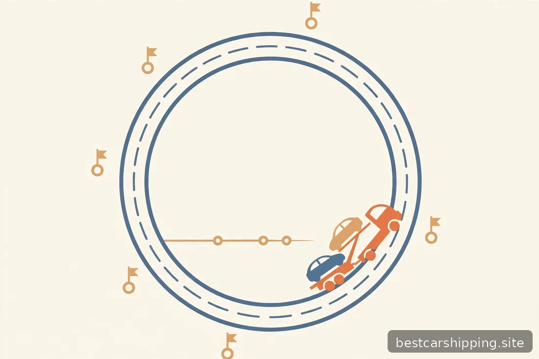 Illustration of a circular road timeline with a car carrier truck and milestone markers