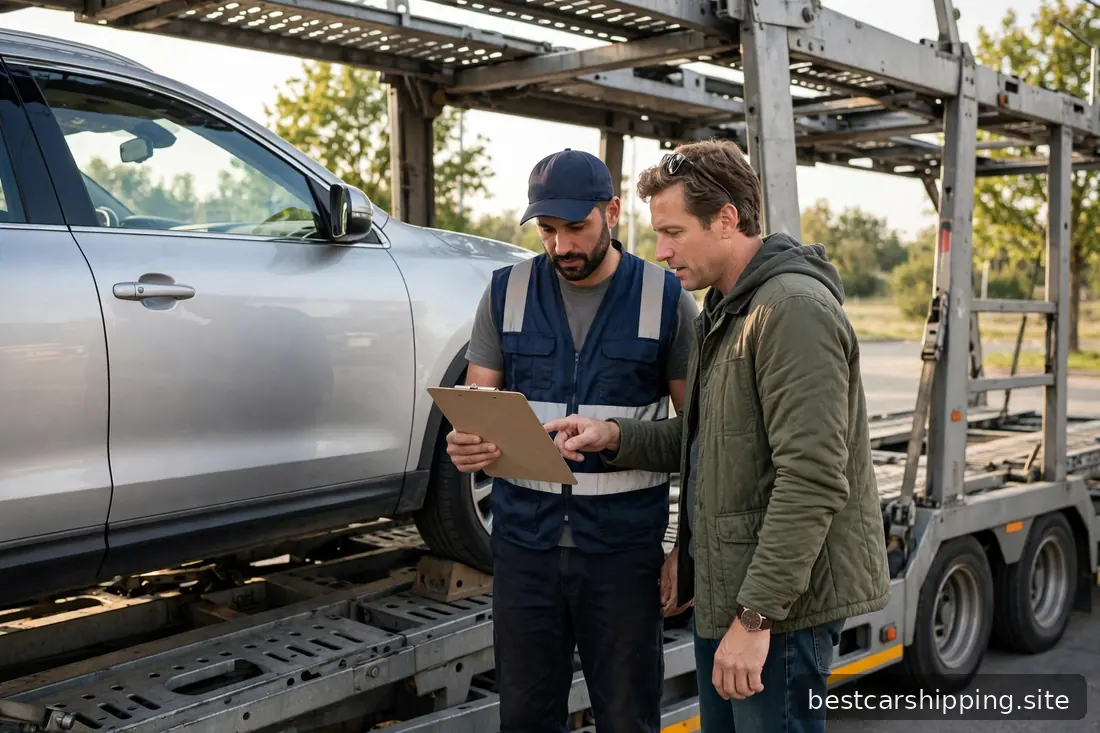Transport driver and car owner inspecting a car together beside a carrier trailer with a clipboard