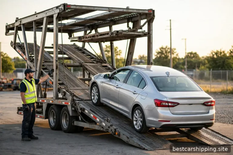 Silver sedan driving up the steel ramp into an open car carrier trailer while a driver guides it