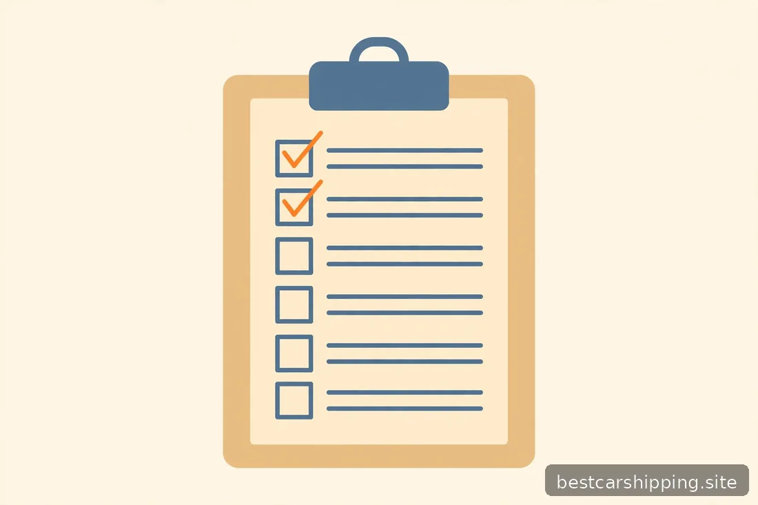 Illustration of a clipboard with a blank vehicle pre-shipping checklist and checkmarks