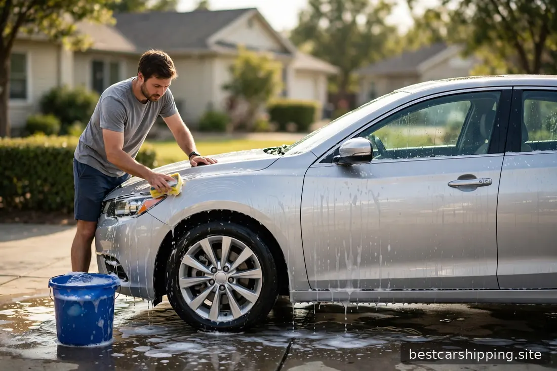 Car owner washing a silver sedan in a sunny driveway with a bucket and sponge