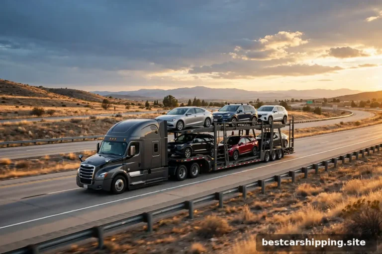 Car carrier trailer at sunset on an American interstate, sedans and SUVs loaded on the racks