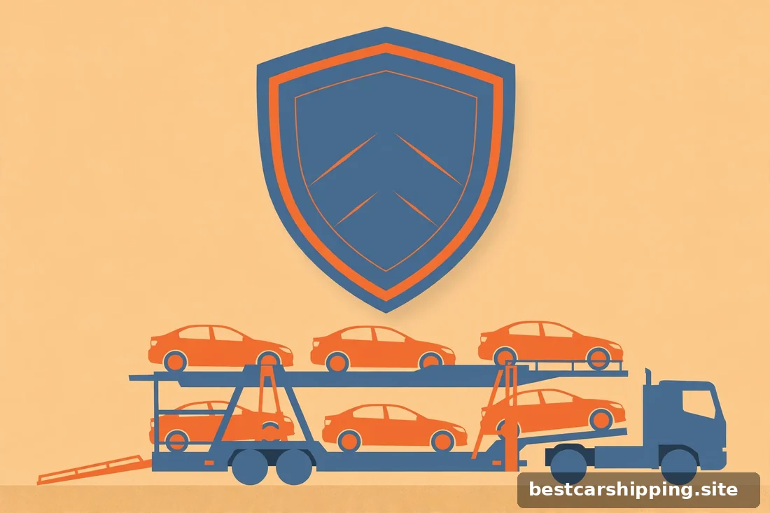 Concept illustration of a vehicle cargo insurance shield over an open car carrier, slate blue and safety-orange palette
