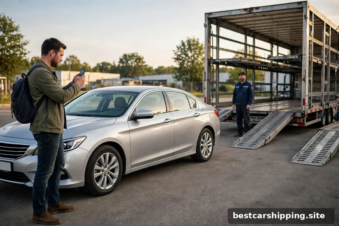 Car owner photographing their vehicle with a smartphone at pickup beside a transport trailer