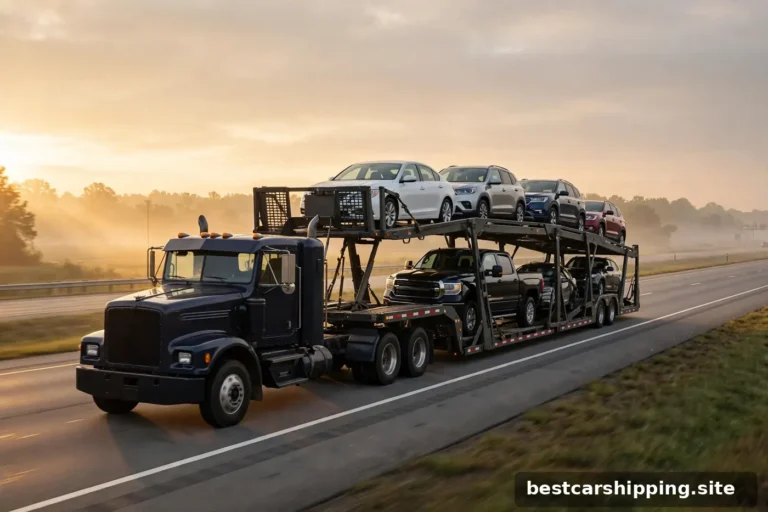 Full-size pickup truck being loaded onto an open auto carrier trailer at dawn