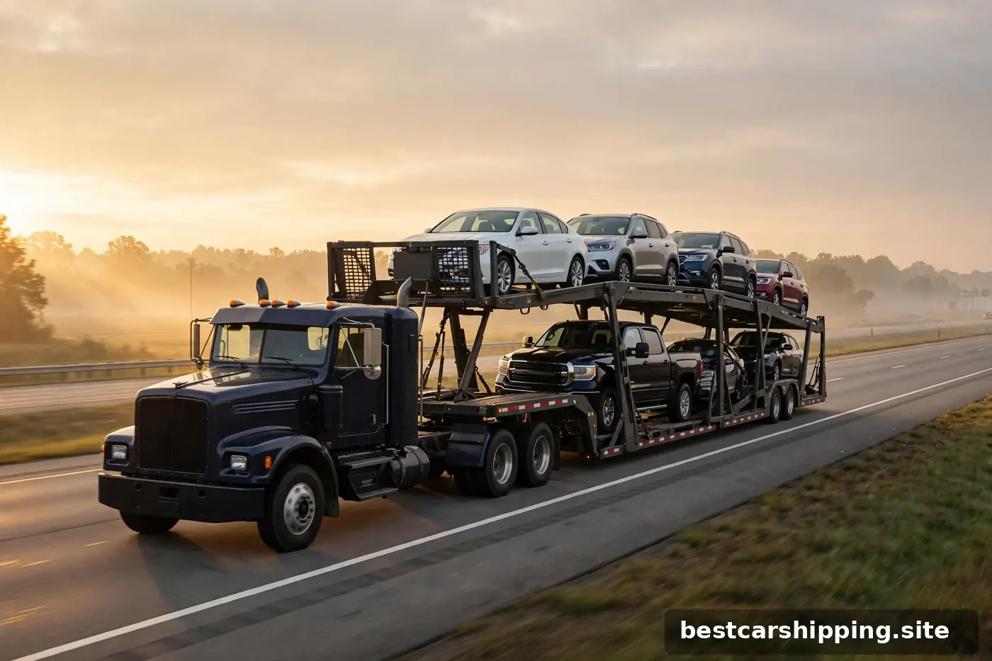 Full-size pickup truck being loaded onto an open auto carrier trailer at dawn