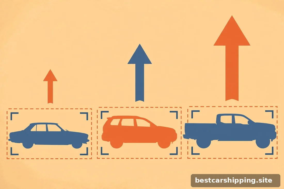 Concept illustration comparing sedan, SUV, and pickup sizes on trailer slots with cost arrows, warm editorial style