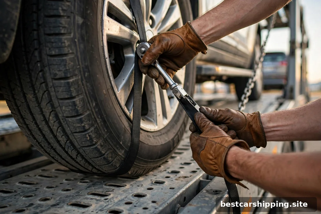 Driver securing wheel straps on a large SUV on the upper deck of a car carrier