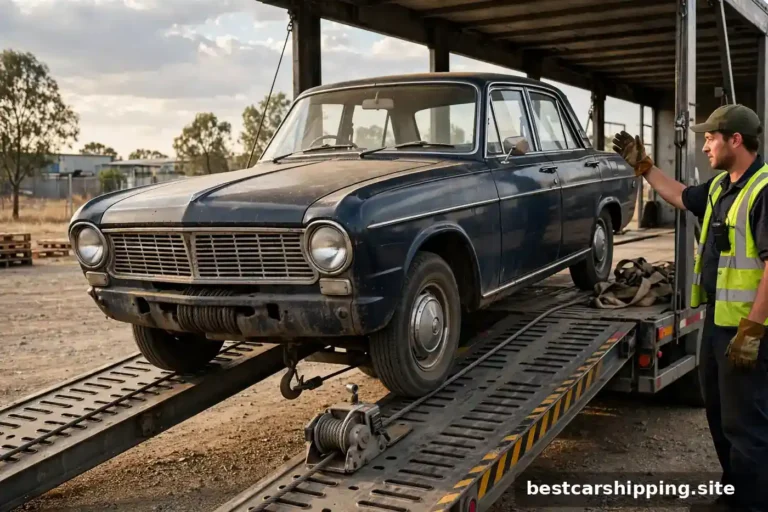 Car carrier winch cable attached to a classic non-running sedan being pulled onto the trailer