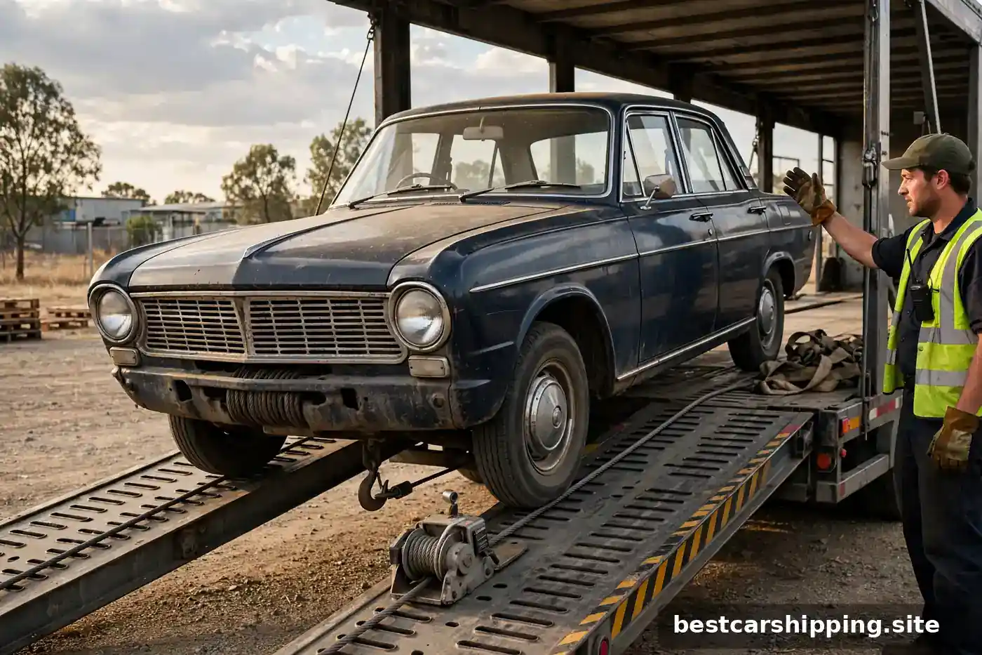Car carrier winch cable attached to a classic non-running sedan being pulled onto the trailer