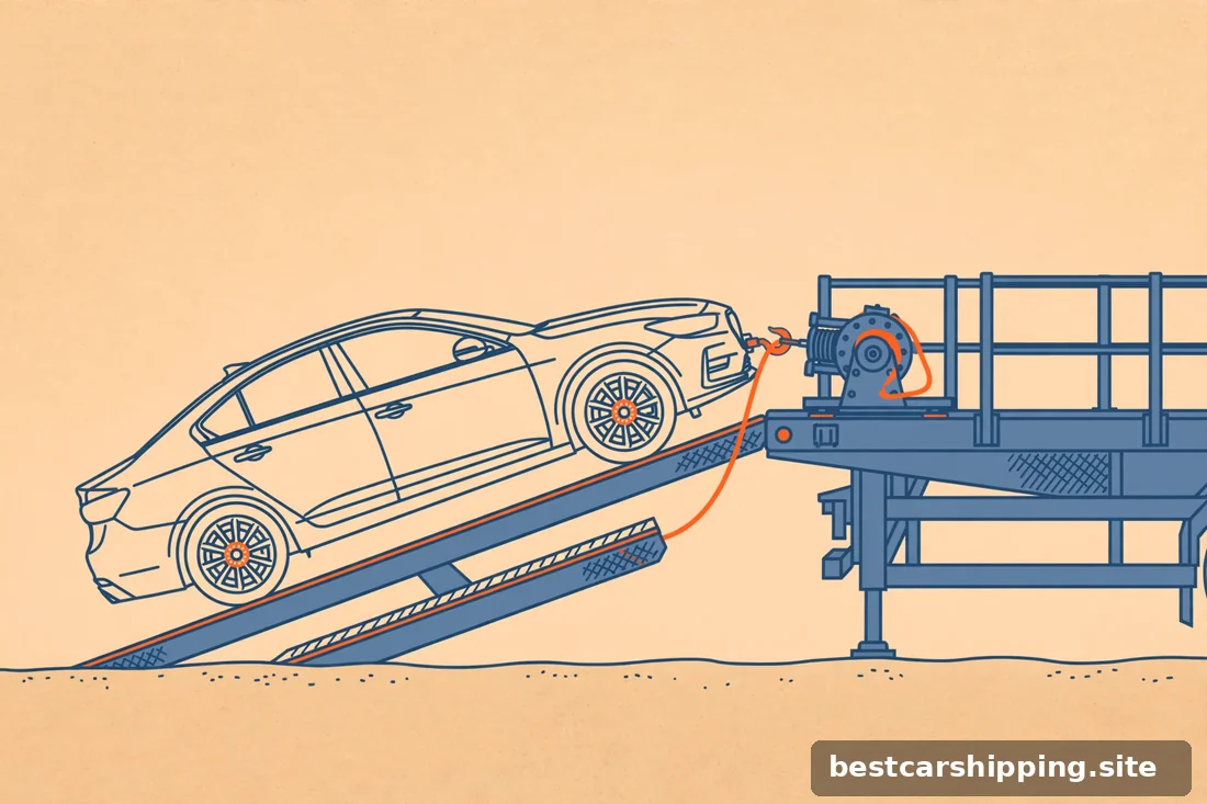 Concept illustration of a winch loading a car onto a trailer ramp, labeled diagram style, slate blue palette