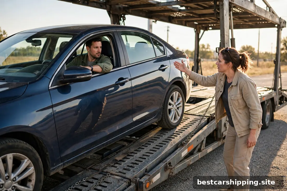 Driver guiding a non-running vehicle up a carrier ramp with a second person steering