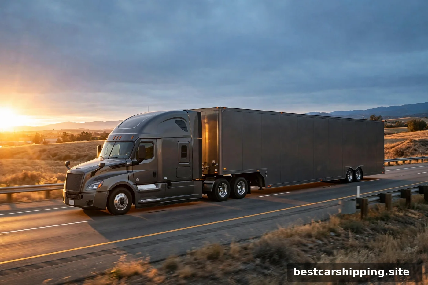 Enclosed car hauler trailer on a highway at golden hour, solid sides hiding the vehicles inside
