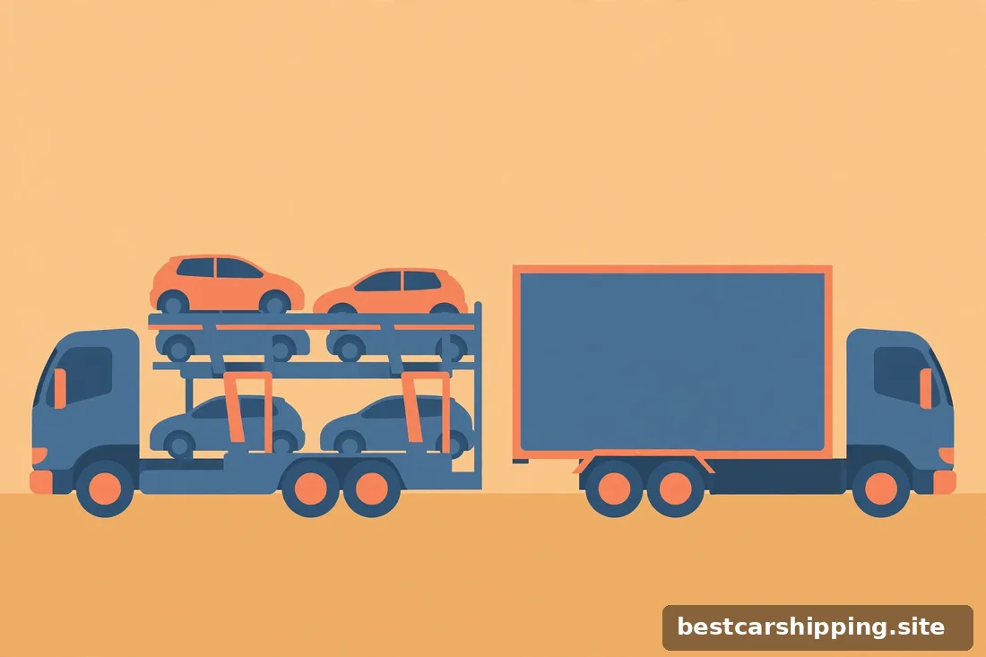 Side-by-side concept illustration of open carrier versus enclosed trailer, slate blue and safety-orange palette