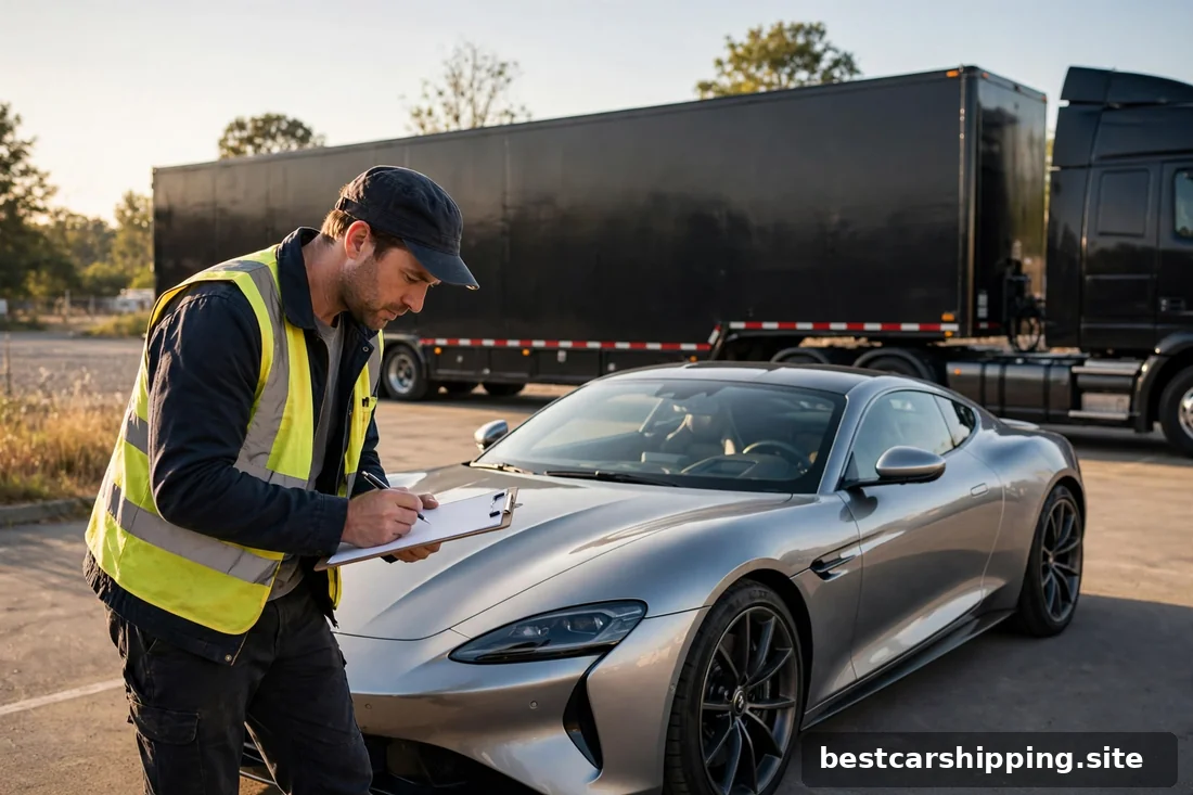 Driver doing a careful walkaround inspection of a sports car beside an enclosed trailer