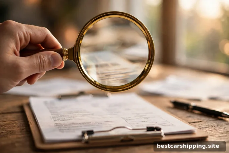 Magnifying glass over car shipping paperwork on a desk, warm editorial photography