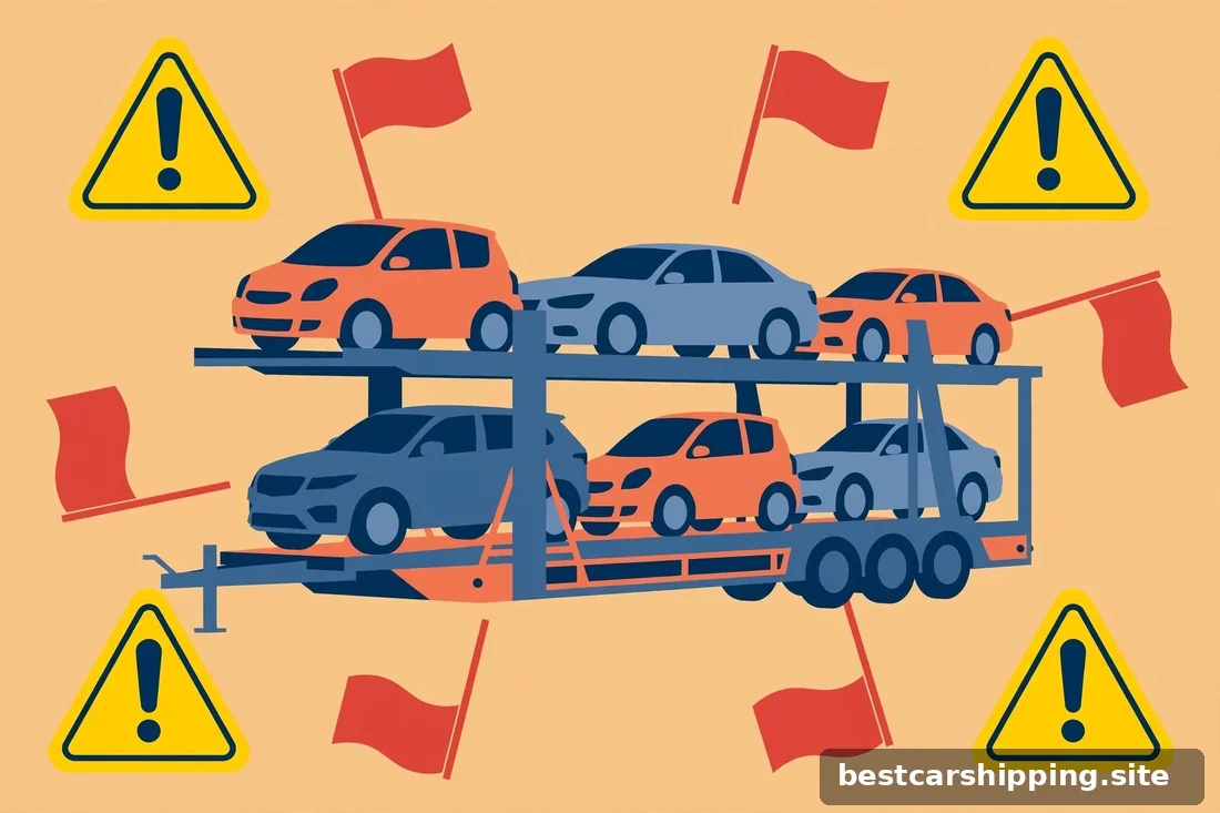 Concept illustration of warning signs and red flags around a car carrier, slate blue and safety-orange palette
