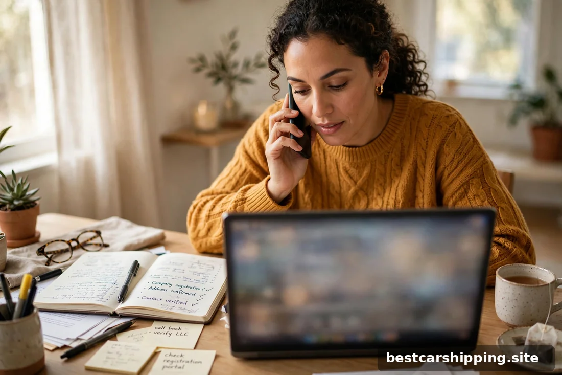 Car owner on the phone verifying a company's credentials on a laptop at home