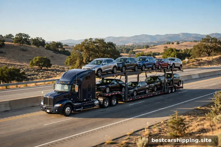 Open car carrier fully loaded with sedans and SUVs on an interstate highway