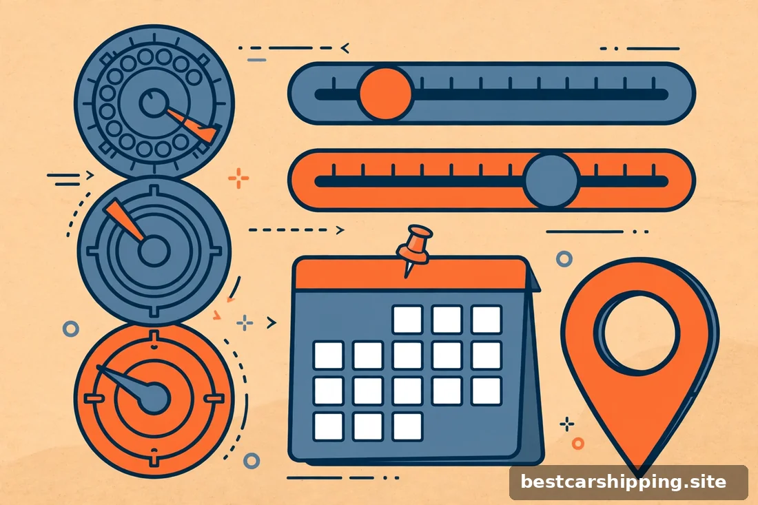 Concept illustration of cost-saving levers as dials and sliders, calendar, terminal pin, warm editorial style