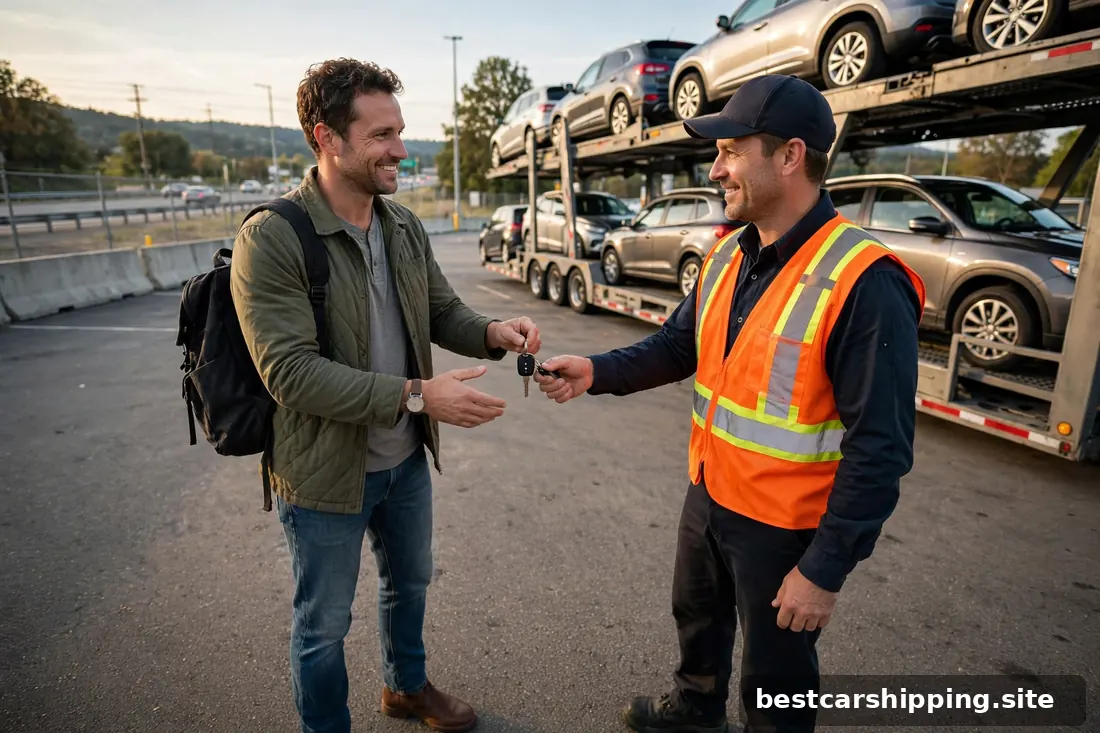 Car owner handing keys to a transport driver at a terminal lot near a highway