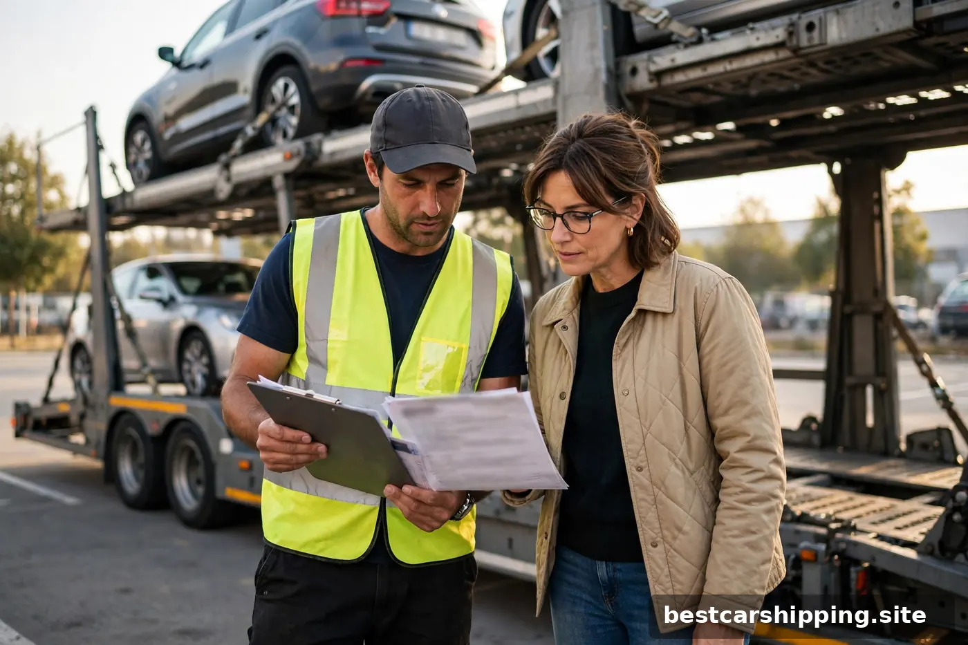Driver and car owner reviewing paperwork on a clipboard beside a car carrier trailer