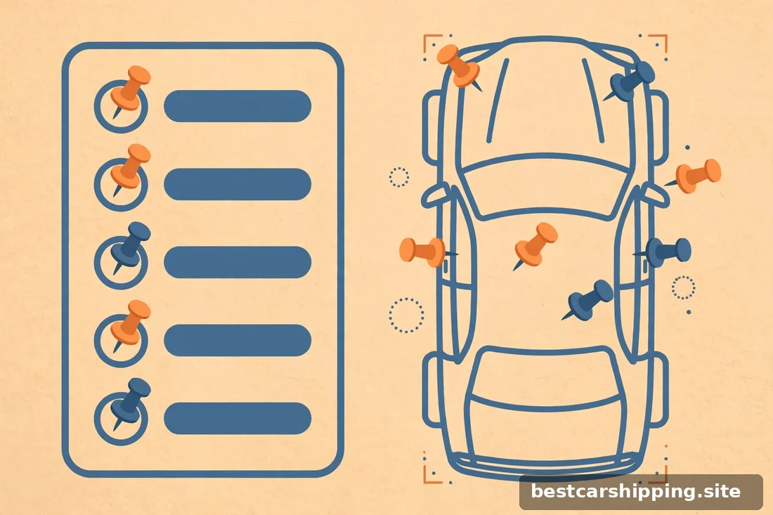 Concept illustration of a vehicle inspection checklist with damage markers on a car diagram, warm editorial style