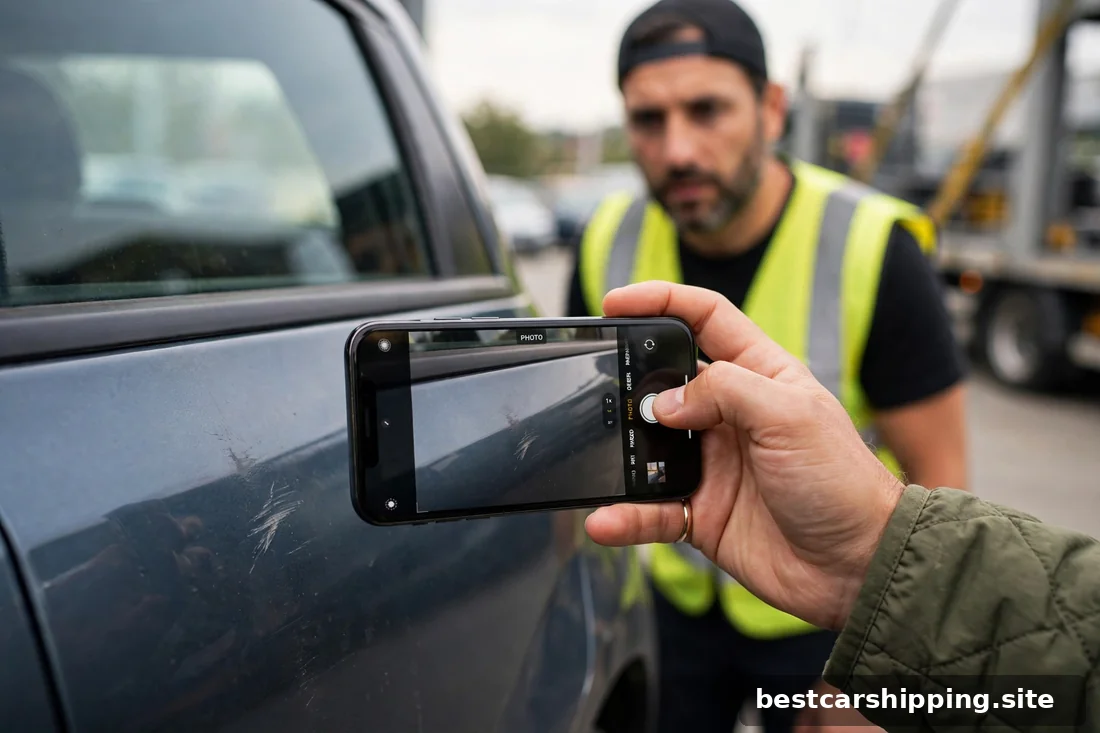 Car owner photographing a scratch on their car door at delivery while the driver watches