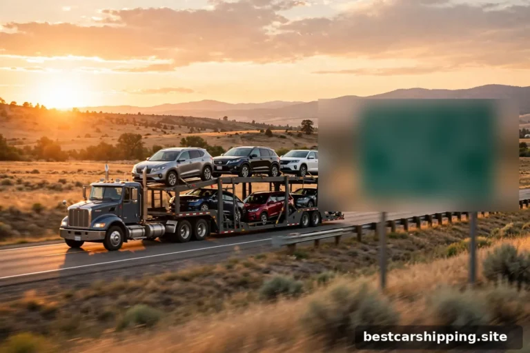 Car carrier crossing a state line highway sign at sunset, American interstate landscape