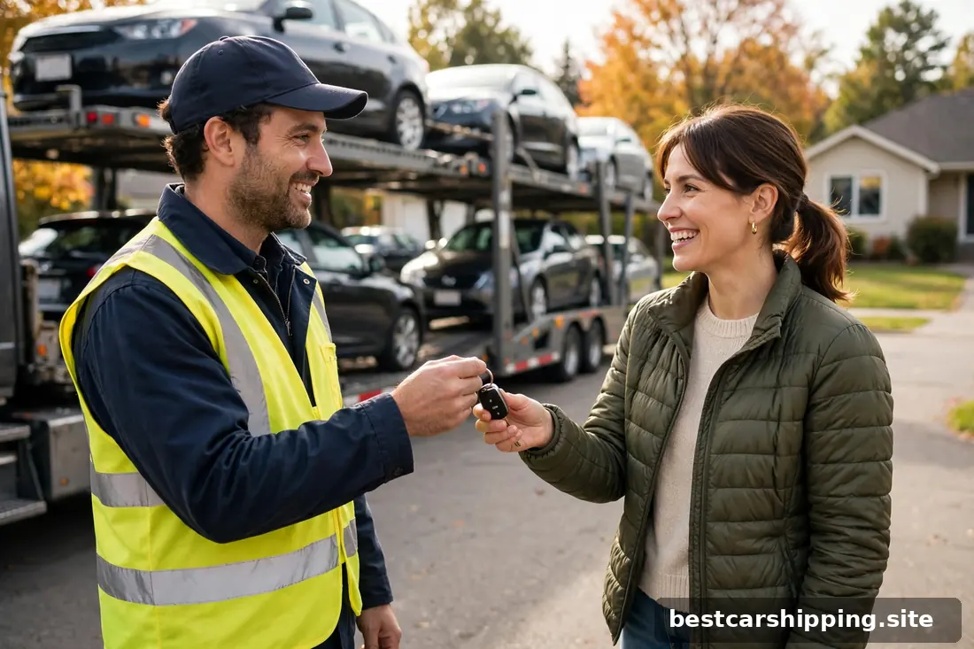 Happy car owner receiving keys from a transport driver at delivery in a suburban driveway