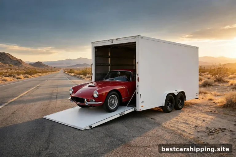 Enclosed car carrier trailer with rear ramp lowered loading a classic sports car at golden hour